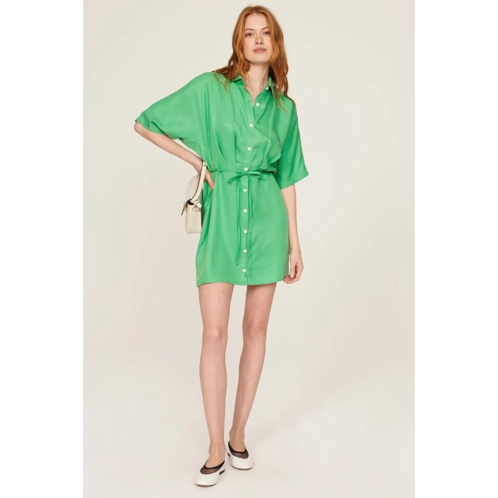 THAKOON Women's Green Collared Short Sleeve Tie Waist Mini Shirt Dress Size 6